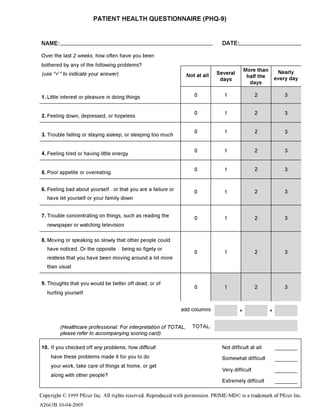 PATIENT HEALTH QUESTIONNAIRE (PHQ-9)

NAME:                                                                          DATE:
Over the last 2 weeks, how often have you been
bothered by any of the following problems?
                                                                             Several       More than Nearly
(use "ⁿ" to indicate your answer)                              Not at all                   half the every day
                                                                              days           days
1. Little interest or pleasure in doing things                     0            1             2           3

2. Feeling down, depressed, or hopeless                            0            1             2           3

3. Trouble falling or staying asleep, or sleeping too much         0            1             2           3

4. Feeling tired or having little energy                           0            1             2           3

5. Poor appetite or overeating                                     0            1             2           3

6. Feeling bad about yourself or that you are a failure or         0            1             2           3
   have let yourself or your family down

7. Trouble concentrating on things, such as reading the            0            1             2           3
   newspaper or watching television

8. Moving or speaking so slowly that other people could
   have noticed. Or the opposite being so figety or                0            1             2           3
   restless that you have been moving around a lot more
   than usual

9. Thoughts that you would be better off dead, or of               0            1             2           3
   hurting yourself

                                                             add columns               +              +

         (Healthcare professional: For interpretation of TOTAL, TOTAL:
         please refer to accompanying scoring card).
10. If you checked off any problems, how difficult                             Not difficult at all
    have these problems made it for you to do                                  Somewhat difficult
    your work, take care of things at home, or get
                                                                               Very difficult
    along with other people?
                                                                               Extremely difficult
Copyright 1999 Pfizer Inc. All rights reserved. Reproduced with permission. PRIME-MD is a trademark of Pfizer Inc.
A2663B 10-04-2005
 