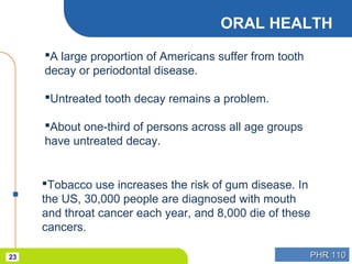 PHR 110PHR 11023
ORAL HEALTH
Tobacco use increases the risk of gum disease. In
the US, 30,000 people are diagnosed with mouth
and throat cancer each year, and 8,000 die of these
cancers.
A large proportion of Americans suffer from tooth
decay or periodontal disease.
Untreated tooth decay remains a problem.
About one-third of persons across all age groups
have untreated decay.
 