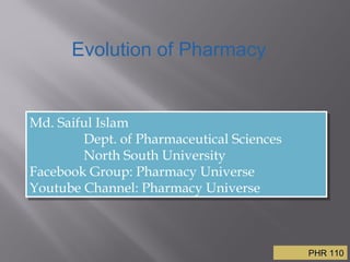 PHR 110PHR 1101
Evolution of Pharmacy
Md. Saiful Islam
Dept. of Pharmaceutical Sciences
North South University
Facebook Group: Pharmacy Universe
Youtube Channel: Pharmacy Universe
Md. Saiful Islam
Dept. of Pharmaceutical Sciences
North South University
Facebook Group: Pharmacy Universe
Youtube Channel: Pharmacy Universe
 