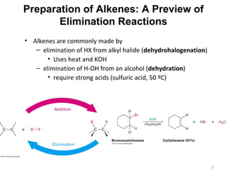 Preparation of Alkenes: A Preview of
Elimination Reactions
• Alkenes are commonly made by
– elimination of HX from alkyl halide (dehydrohalogenation)
• Uses heat and KOH
– elimination of H-OH from an alcohol (dehydration)
• require strong acids (sulfuric acid, 50 ºC)
3
 