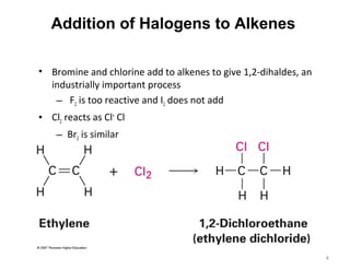 Addition of Halogens to Alkenes
• Bromine and chlorine add to alkenes to give 1,2-dihaldes, an
industrially important process
– F2 is too reactive and I2 does not add
• Cl2 reacts as Cl+
Cl-
– Br2 is similar
4
 