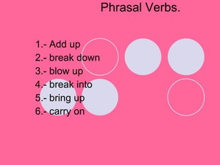 Phrasal Verbs. 1.- Add up 2.- break down 3.- blow up   4.- break into   5.- bring up   6.- carry on   