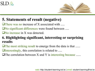5. Statements of result (negative)5. Statements of result (negative)
There was no increase of X associated with .....
No significant differences were found between .....
No increase in X was detected.
6. Highlighting significant, interesting or surprising6. Highlighting significant, interesting or surprising
resultsresults
The most striking result to emerge from the data is that ......
Interestingly, this correlation is related to .....
The correlation between X and Y is interesting because ......
 