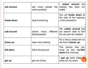 ask around

break down

dress up
fall down

get up

Our car broke down at
the side of the highway
in the snowstorm.

stop functioning

phone many
places/people

We called around but
different we weren't able to find
the car part we needed.

wear nice clothing
fall to the ground

get out of bed

by: babu G

call around

I asked around but
ask many people the nobody has seen my
same question
wallet.

It's a fancy restaurant so
we have todress up.
The picture that you
hung up last nightfell
down this morning.

I got up early today to
study for my exam.

 