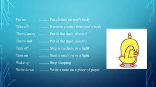 Put on .......... Put clothes on one’s body
Take off .......... Remove clothes from one’s body
Throw away .......... Put in the trash, discard
Throw out .......... Put in the trash, discard
Turn off .......... Stop a machine or a light
Turn on .......... Start a machine or a light
Wake up .......... Stop sleeping
Write down .......... Write a note on a piece of paper
 