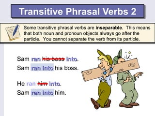 Transitive Phrasal Verbs 2
  Some transitive phrasal verbs are inseparable. This means
  that both noun and pronoun objects always go after the
  particle. You cannot separate the verb from its particle.



Sam ran his boss into.
                  into
Sam ran into his boss.

He ran him into.
           into
Sam ran into him.
 