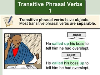 Transitive Phrasal Verbs
            1
Transitive phrasal verbs have objects.
Most transitive phrasal verbs are separable.

                               object


               He called up his boss to
               tell him he had overslept.
                           object


               He called his boss up to
               tell him he had overslept.
 
