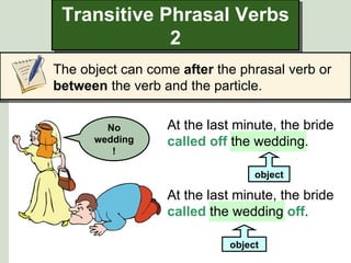 Transitive Phrasal Verbs
             2
The object can come after the phrasal verb or
between the verb and the particle.

        No        At the last minute, the bride
      wedding     called off the wedding.
         !

                                 object

                  At the last minute, the bride
                  called the wedding off.

                            object
 