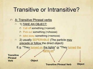 Transitive or Intransitive?
A: Transitive Phrasal verbs
1) TAKE AN OBJECT:
Call off something (=cancel)
Pick out something (=choose)
take away something (=remove)

2) usually SEPERABLE (The particle may
precede or follow the direct object):
E.g. "They turned on the lights" or "They turned the
lights on"
Transitive
Phrasal
Verb

Object
Transitive Phrasal Verb

Object

 