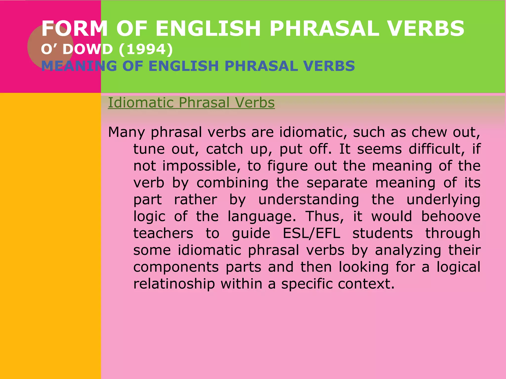 FORM OF ENGLISH PHRASAL VERBS
O’ DOWD (1994)
MEANING OF ENGLISH PHRASAL VERBS
Idiomatic Phrasal Verbs
Many phrasal verbs are idiomatic, such as chew out,
tune out, catch up, put off. It seems difficult, if
not impossible, to figure out the meaning of the
verb by combining the separate meaning of its
part rather by understanding the underlying
logic of the language. Thus, it would behoove
teachers to guide ESL/EFL students through
some idiomatic phrasal verbs by analyzing their
components parts and then looking for a logical
relatinoship within a specific context.

 