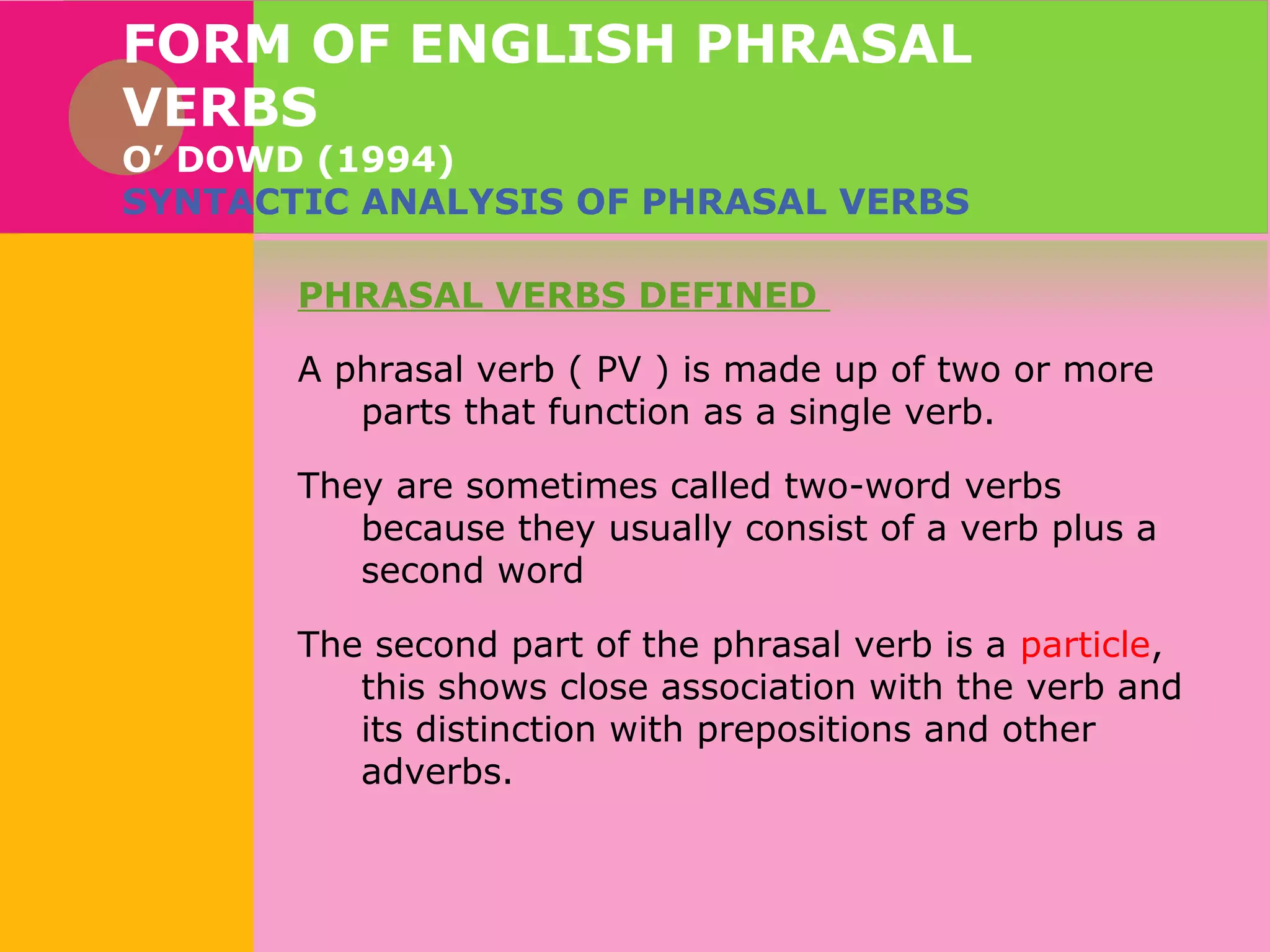 FORM OF ENGLISH PHRASAL
VERBS
O’ DOWD (1994)
SYNTACTIC ANALYSIS OF PHRASAL VERBS
PHRASAL VERBS DEFINED
A phrasal verb ( PV ) is made up of two or more
parts that function as a single verb.
They are sometimes called two-word verbs
because they usually consist of a verb plus a
second word
The second part of the phrasal verb is a particle,
this shows close association with the verb and
its distinction with prepositions and other
adverbs.

 