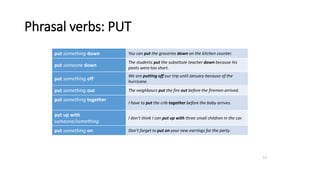 Phrasal verbs: PUT
put something down You can put the groceries down on the kitchen counter.
put someone down
The students put the substitute teacher down because his
pants were too short.
put something off
We are putting off our trip until January because of the
hurricane.
put something out The neighbours put the fire out before the firemen arrived.
put something together
I have to put the crib together before the baby arrives.
put up with
someone/something
I don't think I can put up with three small children in the car.
put something on Don't forget to put on your new earrings for the party.
12
 