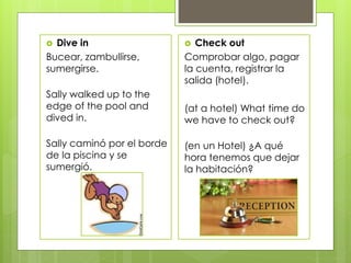  Dive in
Bucear, zambullirse,
sumergirse.
Sally walked up to the
edge of the pool and
dived in.
Sally caminó por el borde
de la piscina y se
sumergió.
 Check out
Comprobar algo, pagar
la cuenta, registrar la
salida (hotel).
(at a hotel) What time do
we have to check out?
(en un Hotel) ¿A qué
hora tenemos que dejar
la habitación?
 