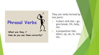 They are verbs formed by
two parts:
1. A short verb like : go,
give break, fill, help,
etc.
2. A preposition like:
down, up, on, in, into,
etc.