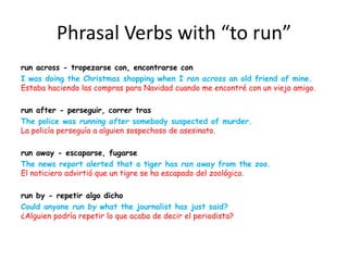 Phrasal Verbs with “to run”
run across - tropezarse con, encontrarse con
I was doing the Christmas shopping when I ran across an old friend of mine.
Estaba haciendo las compras para Navidad cuando me encontré con un viejo amigo.
run after - perseguir, correr tras
The police was running after somebody suspected of murder.
La policía perseguía a alguien sospechoso de asesinato.
run away - escaparse, fugarse
The news report alerted that a tiger has ran away from the zoo.
El noticiero advirtió que un tigre se ha escapado del zoológico.
run by - repetir algo dicho
Could anyone run by what the journalist has just said?
¿Alguien podría repetir lo que acaba de decir el periodista?
 