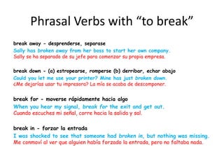 Phrasal Verbs with “to break”
break away - desprenderse, separase
Sally has broken away from her boss to start her own company.
Sally se ha separado de su jefe para comenzar su propia empresa.
break down - (a) estropearse, romperse (b) derribar, echar abajo
Could you let me use your printer? Mine has just broken down.
¿Me dejarías usar tu impresora? La mía se acaba de descomponer.
break for - moverse rápidamente hacia algo
When you hear my signal, break for the exit and get out.
Cuando escuches mi señal, corre hacia la salida y sal.
break in - forzar la entrada
I was shocked to see that someone had broken in, but nothing was missing.
Me conmoví al ver que alguien había forzado la entrada, pero no faltaba nada.
 