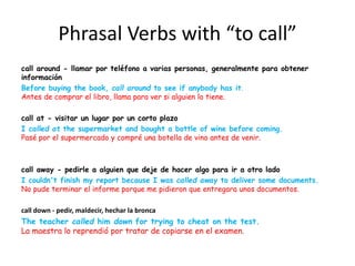 Phrasal Verbs with “to call”
call around - llamar por teléfono a varias personas, generalmente para obtener
información
Before buying the book, call around to see if anybody has it.
Antes de comprar el libro, llama para ver si alguien lo tiene.
call at - visitar un lugar por un corto plazo
I called at the supermarket and bought a bottle of wine before coming.
Pasé por el supermercado y compré una botella de vino antes de venir.
call away - pedirle a alguien que deje de hacer algo para ir a otro lado
I couldn't finish my report because I was called away to deliver some documents.
No pude terminar el informe porque me pidieron que entregara unos documentos.
call down - pedir, maldecir, hechar la bronca
The teacher called him down for trying to cheat on the test.
La maestra lo reprendió por tratar de copiarse en el examen.
 