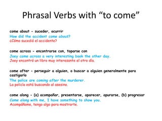 Phrasal Verbs with “to come”
come about - suceder, ocurrir
How did the accident come about?
¿Cómo sucedió el accidente?
come across - encontrarse con, toparse con
Joey came across a very interesting book the other day.
Joey encontró un libro muy interesante el otro día.
come after - perseguir a alguien, o buscar a alguien generalmente para
castigarlo
The police are coming after the murderer.
La policía está buscando al asesino.
come along - (a) acompañar, presentarse, aparecer, apurarse, (b) progresar
Come along with me, I have something to show you.
Acompáñame, tengo algo para mostrarte.
 