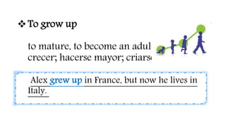 To grow up
to mature, to become an adult
crecer; hacerse mayor; criarse
Alex grew up in France, but now he lives in
Italy.
 