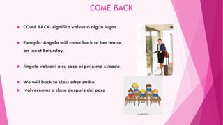 COME BACK
 COME BACK: significa volver a algún lugar.
 Ejemplo: Angela will come back to her house
on next Saturday.
 Ángela volverá a su casa el próximo sábado.
 We will back to class after strike
 volveremos a clase después del paro
 