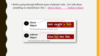 • Before going through different types of phrasal verbs , let’s talk about
something we should know first : - direct object - indirect object
 
