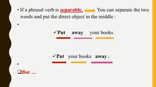 • If a phrasal verb is separable. You can separate the two
words and put the direct object in the middle :
•
Put away your books .
Put your books away .
•
But …
 