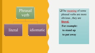 The meaning of some
phrasal verbs are more
obvious , they are
literal.
For example:
to stand up
to put away
Phrasal
verb
literal idiomatic
 