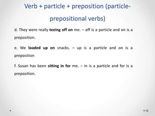 Verb + particle + preposition (particle-
prepositional verbs)
12
d. They were really teeing off on me. – off is a particle and on is a
preposition.
e. We loaded up on snacks. – up is a particle and on is a
preposition
f. Susan has been sitting in for me. – in is a particle and for is a
preposition.
 