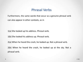Phrasal Verbs
14
Furthermore, the same words that occur as a genuine phrasal verb
can also appear in other contexts, as in
1(a) She looked up his address. Phrasal verb.
1(b) She looked his address up. Phrasal verb.
2(a) When he heard the crash, he looked up. Not a phrasal verb.
2(b) When he heard the crash, he looked up at the sky. Not a
phrasal verb.
 