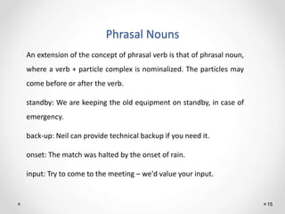 Phrasal Nouns
15
An extension of the concept of phrasal verb is that of phrasal noun,
where a verb + particle complex is nominalized. The particles may
come before or after the verb.
standby: We are keeping the old equipment on standby, in case of
emergency.
back-up: Neil can provide technical backup if you need it.
onset: The match was halted by the onset of rain.
input: Try to come to the meeting – we'd value your input.
 