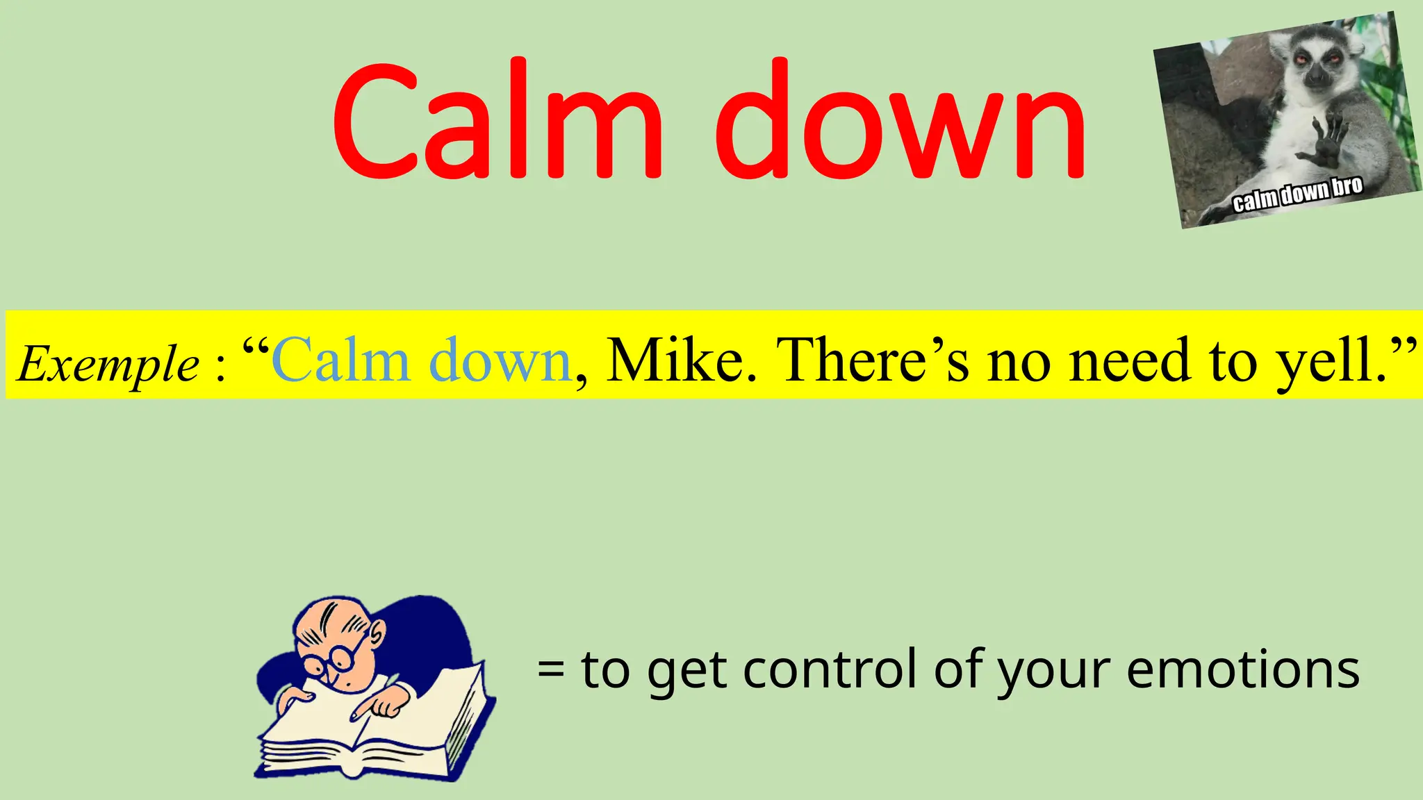 Calm down
= to get control of your emotions
Exemple : “Calm down, Mike. There’s no need to yell.”
 