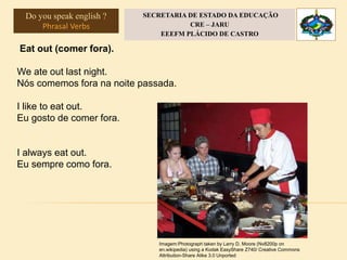 Eat out (comer fora).
We ate out last night.
Nós comemos fora na noite passada.
I like to eat out.
Eu gosto de comer fora.
I always eat out.
Eu sempre como fora.
Imagem:Photograph taken by Larry D. Moore (Nv8200p on
en.wikipedia) using a Kodak EasyShare Z740/ Creative Commons
Attribution-Share Alike 3.0 Unported
Do you speak english ?
Phrasal Verbs
SECRETARIA DE ESTADO DA EDUCAÇÃO
CRE – JARU
EEEFM PLÁCIDO DE CASTRO
 
