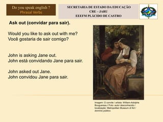 Ask out (convidar para sair).
Would you like to ask out with me?
Você gostaria de sair comigo?
John is asking Jane out.
John está convidando Jane para sair.
John asked out Jane.
John convidou Jane para sair.
Imagem: O convite / artista: William-Adolphe
Bouguereau / Foto: autor desconhecido /
localização: Metropolitan Museum of Art /
domínio público.
Do you speak english ?
Phrasal Verbs
SECRETARIA DE ESTADO DA EDUCAÇÃO
CRE – JARU
EEEFM PLÁCIDO DE CASTRO
 