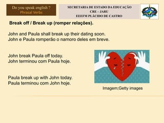 Break off / Break up (romper relações).
John and Paula shall break up their dating soon.
John e Paula romperão o namoro deles em breve.
John break Paula off today.
John terminou com Paula hoje.
Paula break up with John today.
Paula terminou com John hoje.
Do you speak english ?
Phrasal Verbs
SECRETARIA DE ESTADO DA EDUCAÇÃO
CRE – JARU
EEEFM PLÁCIDO DE CASTRO
Imagem;Getty images
 