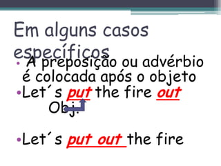 Em alguns casos específicosA preposição ou advérbio é colocada após o objeto Let´s putthefireoutObj.Let´s put out thefire