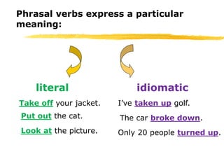 Phrasal verbs express a particular 
meaning: 
literal idiomatic 
Take off your jacket. I’ve taken up golf. 
Put out the cat. 
Look at the picture. 
The car broke down. 
Only 20 people turned up. 
 