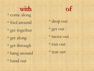 withwith
• come along
• fool around
• get together
• get along
• get through
• hang around
• hand out
ofof
• drop out
• get out
• move out
• run out
• tear out
 