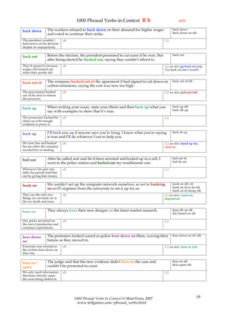 1000 Phrasal Verbs in Context B b                                   (1/7)

                   The workers refused to back down on their demand for higher wages              back down
back down                                                                                         back down on sth
                   and voted to continue their strike.
The president wouldn’t       ✍                                                               
back down on his decision
despite its unpopularity.

                   Before the election, the president promised to cut taxes if he won. But        back out
back out
                   after being elected he backed out, saying they couldn’t afford to.
They’d agreed to increase    ✍                                                                see also: go back on (esp.
wages, but backed out                                                                        ‘Go back on one’s word’)
when their profits fell.

                   The company backed out of the agreement it had signed to cut down on           back out of sth
back out of
                   carbon emissions, saying the cost was now too high.
The government backed        ✍                                                                see also: pull out (of)
out of the deal to release
the prisoners.

                   When writing your essay, state your thesis and then back up what you           back up sth
back up                                                                                           back sth up
                   say with examples to show that it’s true.
The prosecutor backed his    ✍                                                               
claim up with enough
evidence to prove it.

                   I’ll back you up if anyone says you’re lying. I know what you’re saying        back sb up
back up
                   is true and I’ll do whatever I can to help you.
We trust Sue and backed      ✍                                                                see also: stand up for,
her up when the company                                                                      stick by
accused her of stealing.

                   After he called and said he’d been arrested and locked up in a cell, I         bail out sb
bail out                                                                                          bail sb out
                   went to the police station and bailed out my troublesome son.
Whenever Jim gets into       ✍                                                               
debt, his parents bail him
out by giving him money.

                   We couldn’t set up the computer network ourselves, so we’re banking           bank on sth/sb
bank on                                                                                          bank on sb to do sth
                   on an IT engineer from the university to set it up for us.
                                                                                                 bank on sb doing sth
They say the only two        ✍                                                                see also: count on,
things we can bank on in                                                                     depend on
life are death and taxes.

                   They always base their new designs on the latest market research.              base sth on sth
base on                                                                                           (be) based on sth

Our prices are based on      ✍                                                               
the cost of production and
customer expectations.

                   The protesters looked scared as police bore down on them, waving their         bear down on sb/sth
bear down
on                 batons as they moved in.
Everyone was worried as      ✍                                                                see also: close in (on)
the cyclone bore down on
their city.

                   The judge said that the new evidence didn’t bear on the case and               bear on sth
bear on /                                                                                         bear upon sth
upon               couldn’t be presented in court.
We only need information     ✍                                                               
that bears directly upon
the issue being looked at.




                                   1000 Phrasal Verbs In Context © Matt Errey 2007                                    10
                                     www.teflgames.com/phrasal_verbs.html
 