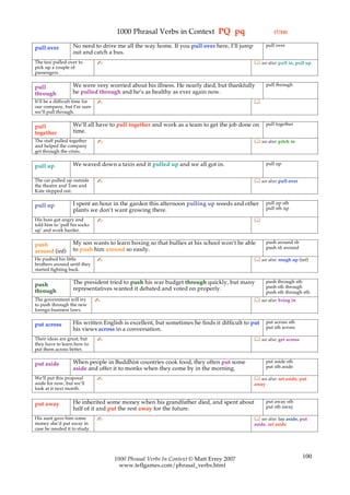 1000 Phrasal Verbs in Context PQ pq                               (7/10)

                   No need to drive me all the way home. If you pull over here, I’ll jump          pull over
pull over
                   out and catch a bus.
The taxi pulled over to         ✍                                                            see also: pull in, pull up
pick up a couple of
passengers.

                   We were very worried about his illness. He nearly died, but thankfully          pull through
pull
through            he pulled through and he’s as healthy as ever again now.
It’ll be a difficult time for   ✍                                                           
our company, but I’m sure
we’ll pull through.

                   We’ll all have to pull together and work as a team to get the job done on       pull together
pull
together           time.
The staff pulled together       ✍                                                            see also: pitch in
and helped the company
get through the crisis.

                   We waved down a taxis and it pulled up and we all got in.                       pull up
pull up

The car pulled up outside       ✍                                                            see also: pull over
the theatre and Tom and
Kate stepped out.

                   I spent an hour in the garden this afternoon pulling up weeds and other         pull up sth
pull up                                                                                            pull sth up
                   plants we don’t want growing there.
His boss got angry and          ✍                                                           
told him to ‘pull his socks
up’ and work harder.

                   My son wants to learn boxing so that bullies at his school won’t be able        push around sb
push                                                                                               push sb around
around (inf)       to push him around so easily.
He pushed his little            ✍                                                            see also: rough up (inf)
brothers around until they
started fighting back.

                   The president tried to push his war budget through quickly, but many            push through sth
push                                                                                               push sth through
through            representatives wanted it debated and voted on properly.
                                                                                                   push sth through sth
The government will try         ✍                                                            see also: bring in
to push through the new
foreign business laws.

                   His written English is excellent, but sometimes he finds it difficult to put    put across sth
put across                                                                                         put sth across
                   his views across in a conversation.
Their ideas are great, but      ✍                                                            see also: get across
they have to learn how to
put them across better.

                   When people in Buddhist countries cook food, they often put some                put aside sth
put aside                                                                                          put sth aside
                   aside and offer it to monks when they come by in the morning.
We’ll put this proposal         ✍                                                            see also: set aside, put
aside for now, but we’ll                                                                    away
look at it next month.

                   He inherited some money when his grandfather died, and spent about              put away sth
put away                                                                                           put sth away
                   half of it and put the rest away for the future.
His aunt gave him some          ✍                                                            see also: lay aside, put
money she’d put away in                                                                     aside, set aside
case he needed it to study.




                                    1000 Phrasal Verbs In Context © Matt Errey 2007                                  100
                                      www.teflgames.com/phrasal_verbs.html
 