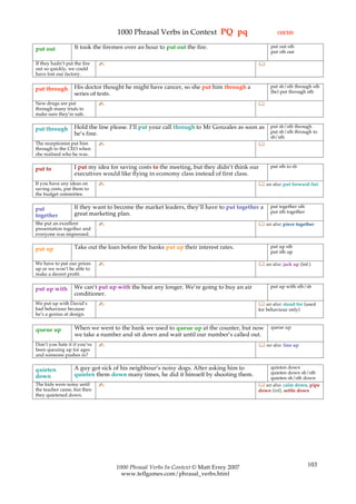 1000 Phrasal Verbs in Context PQ pq                            (10/10)

                   It took the firemen over an hour to put out the fire.                        put out sth
put out                                                                                         put sth out

If they hadn’t put the fire   ✍                                                           
out so quickly, we could
have lost our factory.

                   His doctor thought he might have cancer, so she put him through a            put sb/sth through sth
put through                                                                                     (be) put through sth
                   series of tests.
New drugs are put             ✍                                                           
through many trials to
make sure they’re safe.

                   Hold the line please. I’ll put your call through to Mr Gonzales as soon as   put sb/sth through
put through                                                                                     put sb/sth through to
                   he’s free.
                                                                                                sb/sth
The receptionist put him      ✍                                                           
through to the CEO when
she realised who he was.

                   I put my idea for saving costs to the meeting, but they didn’t think our     put sth to sb
put to
                   executives would like flying in economy class instead of first class.
If you have any ideas on      ✍                                                            see also: put forward (to)
saving costs, put them to
the budget committee.

                   If they want to become the market leaders, they’ll have to put together a    put together sth
put                                                                                             put sth together
together           great marketing plan.
She put an excellent          ✍                                                            see also: piece together
presentation together and
everyone was impressed.

                   Take out the loan before the banks put up their interest rates.              put up sth
put up                                                                                          put sth up

We have to put our prices     ✍                                                            see also: jack up (inf.)
up or we won’t be able to
make a decent profit.

                   We can’t put up with the heat any longer. We’re going to buy an air          put up with sth/sb
put up with
                   conditioner.
We put up with David’s        ✍                                                            see also: stand for (used
bad behaviour because                                                                     for behaviour only)
he’s a genius at design.

                   When we went to the bank we used to queue up at the counter, but now         queue up
queue up
                   we take a number and sit down and wait until our number’s called out.
Don’t you hate it if you’ve   ✍                                                            see also: line up
been queuing up for ages
and someone pushes in?

                   A guy got sick of his neighbour’s noisy dogs. After asking him to          quieten down
quieten                                                                                       quieten down sb/sth
down               quieten them down many times, he did it himself by shooting them.
                                                                                              quieten sb/sth down
The kids were noisy until     ✍                                                            see also: calm down, pipe
the teacher came, but then                                                                down (inf), settle down
they quietened down.




                                   1000 Phrasal Verbs In Context © Matt Errey 2007                                 103
                                     www.teflgames.com/phrasal_verbs.html
 