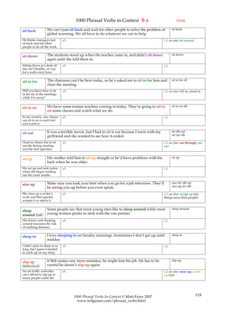 1000 Phrasal Verbs in Context S s                                  (7/13)

                   We can’t just sit back and wait for other people to solve the problem of        sit back
sit back
                   global warming. We all have to do whatever we can to help.
He thinks managers just        ✍                                                              see also: sit around
sit back and tell other
people to do all the work.

                   The students stood up when the teacher came in, and didn’t sit down             sit down
sit down
                   again until she told them to.
Sitting down at a desk all     ✍                                                             
day isn’t healthy, so I go
for a walk every hour.

                    The chairman can’t be here today, so he’s asked me to sit in for him and       sit in for sb
sit in for
                    chair the meeting.
Will you have time to sit      ✍                                                              see also: fill in, stand in
in for me at the meetings
while I’m away?

                   We have some trainee teachers coming in today. They’re going to sit in          sit in on sth
sit in on
                   on some classes and watch what we do.
In my country, any citizen     ✍                                                             
can sit in on a court trial
and watch it.

                   It was a terrible movie, but I had to sit it out because I went with my         sit sth out
sit out                                                                                            sit out sth
                   girlfriend and she wanted to see how it ended.
I had no choice but to sit     ✍                                                              see also: see through, see
out the boring meeting                                                                       out
and the dull speeches.

                   His mother told him to sit up straight or he’d have problems with his           sit up
sit up
                   back when he was older.
We sat up and took notice      ✍                                                             
when she began reading
out the exam results.

                   Make sure you look your best when you go for a job interview. They’ll           size sb/sth up
size up                                                                                            size up sb/sth
                   be sizing you up before you even speak.
She sizes up a writer’s        ✍                                                              see also: weigh up (for
work and then quickly                                                                        things more than people)
accepts it or rejects it.

                   Some people say that most young men like to sleep around while most             sleep around
sleep
around (inf)       young women prefer to stick with the one partner.
His doctor said sleeping       ✍                                                             
around increases the risk
of catching diseases.

                   I love sleeping in on Sunday mornings. Sometimes I don’t get up until           sleep in
sleep in
                   midday.
I didn’t plan to sleep in so   ✍                                                             
long, but I guess I needed
to catch up on my sleep.

                   If Bob makes any more mistakes, he might lose his job. He has to be             slip up
slip up
(informal)         careful he doesn’t slip up again.
An air traffic controller      ✍                                                              see also: mess up, screw
can’t afford to slip up or                                                                   up (inf)
many people could die.




                                   1000 Phrasal Verbs In Context © Matt Errey 2007                                    118
                                     www.teflgames.com/phrasal_verbs.html
 