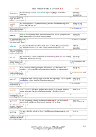 1000 Phrasal Verbs in Context S s                                   (8/13)

                   You’re driving too fast. Slow down or you might get booked for                    slow down
slow down                                                                                            slow sth down
                   speeding.
                                                                                                     slow down sth
I’m worried about your         ✍                                                               
health. Slow down a bit
and don’t work so much.

                   My wife and I had a fight this morning, but we smoothed things over               smooth sth over
smooth                                                                                               smooth over sth
over               before the kids got up.
Agents try to smooth over      ✍                                                                see also: patch up
disagreements between
clients and employers.

                   They’re having a sale at the bookshop tomorrow, so I’m going early to             snap up sth
snap up                                                                                              snap sth up
                   snap up some good books at bargain prices.
My stockbroker says it’s a     ✍                                                                see also: buy up, pick up
good time to snap up
some undervalued shares.

                   If someone’s had too much to drink don’t let them drive, even if they             sober up
sober up                                                                                             sober up sb
                   say they’ve sobered up. It takes a long time to really sober up.
                                                                                                     sober sb up
Mike’s friends tried to        ✍                                                               
sober him up by giving
him lots of black coffee.

                   My files were in a mess, so I spent an hour sorting them out and putting          sort sth out
sort out                                                                                             sort out sth
                   them back where they belong.
Could you sort out the         ✍                                                                see also: straighten out,
invoices and put aside                                                                         tidy up
those that are still unpaid?

                   Who’s sorting out everything for the seminar, like the venue, the                 sort out sth
sort out                                                                                             sort sth out
                   speakers, catering and everything else that needs to be taken care of?
Jenny’s sorting out the        ✍                                                                see also: figure out, work
venue and Sue’s sorting                                                                        out
out guests and schedules.

                   Our players were already angry, so when our captain got kicked again it           spark off sth
spark off                                                                                            spark sth off
                   sparked off a fight with the other team’s players.
Police sparked the riots       ✍                                                                see also: set off
off by shooting an
innocent young boy.

                   I can’t speak for the other teachers, but I’d love to try a new textbook.         speak for sb
speak for
                   You’d better ask the others before you make a decision, though.
I’m sure I speak for           ✍                                                               
everyone when I say we
deserve bigger bonuses.

                   If you are treated unfairly, you should speak out. If you don’t speak             speak out
speak out                                                                                            speak out about sth
                   out, nobody will know about it and nothing will be done.
We tell staff to speak out     ✍                                                               
about any work-related
problems they have.

                   I’m sorry, but I’m a little bit deaf. Would you mind speaking up a bit,           speak up
speak up
                   please?
You’ll have to speak up if     ✍                                                               
you want to be heard in
these noisy meetings.




                                   1000 Phrasal Verbs In Context © Matt Errey 2007                                     119
                                     www.teflgames.com/phrasal_verbs.html
 
