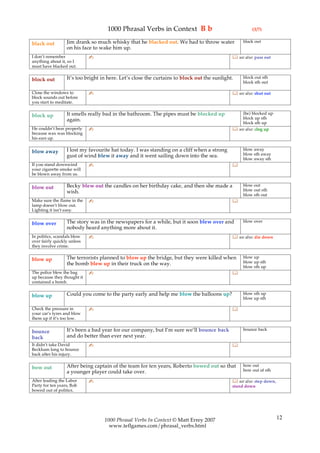 1000 Phrasal Verbs in Context B b                                  (3/7)

                  Jim drank so much whisky that he blacked out. We had to throw water             black out
black out
                  on his face to wake him up.
I don’t remember             ✍                                                                see also: pass out
anything about it, so I
must have blacked out.

                  It’s too bright in here. Let’s close the curtains to block out the sunlight.    block out sth
block out                                                                                         block sth out

Close the windows to         ✍                                                                see also: shut out
block sounds out before
you start to meditate.

                  It smells really bad in the bathroom. The pipes must be blocked up             (be) blocked up
block up                                                                                         block up sth
                  again.
                                                                                                 block sth up
He couldn’t hear properly    ✍                                                                see also: clog up
because wax was blocking
his ears up.

                  I lost my favourite hat today. I was standing on a cliff when a strong          blow away
blow away                                                                                         blow sth away
                  gust of wind blew it away and it went sailing down into the sea.
                                                                                                  blow away sth
If you stand downwind        ✍                                                               
your cigarette smoke will
be blown away from us.

                  Becky blew out the candles on her birthday cake, and then she made a            blow out
blow out                                                                                          blow out sth
                  wish.
                                                                                                  blow sth out
Make sure the flame in the   ✍                                                               
lamp doesn’t blow out.
Lighting it isn’t easy.

                  The story was in the newspapers for a while, but it soon blew over and          blow over
blow over
                  nobody heard anything more about it.
In politics, scandals blow   ✍                                                                see also: die down
over fairly quickly unless
they involve crime.

                  The terrorists planned to blow up the bridge, but they were killed when         blow up
blow up                                                                                           blow up sth
                  the bomb blew up in their truck on the way.
                                                                                                  blow sth up
The police blew the bag      ✍                                                               
up because they thought it
contained a bomb.

                  Could you come to the party early and help me blow the balloons up?             blow sth up
blow up                                                                                           blow up sth

Check the pressure in        ✍                                                               
your car’s tyres and blow
them up if it’s too low.

                  It’s been a bad year for our company, but I’m sure we’ll bounce back            bounce back
bounce
back              and do better than ever next year.
It didn’t take David         ✍                                                               
Beckham long to bounce
back after his injury.

                  After being captain of the team for ten years, Roberto bowed out so that        bow out
bow out                                                                                           bow out of sth
                  a younger player could take over.
After leading the Labor      ✍                                                                see also: step down,
Party for ten years, Bob                                                                     stand down
bowed out of politics.




                                   1000 Phrasal Verbs In Context © Matt Errey 2007                                    12
                                     www.teflgames.com/phrasal_verbs.html
 