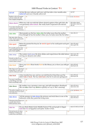 1000 Phrasal Verbs in Context T t                               (1/8)

                   At first the new software sold very well, but after a few months sales        tail off
tail off
                   tailed off and now it hardly sells at all.
Replies to the newspaper      ✍                                                              see also: die down
ad soon tailed off, and
then stopped altogether.

                   When my wife was told she’d been elected captain of her golf club, she        (be) taken aback
taken aback                                                                                      (be) taken aback by
                   was genuinely taken aback. She really hadn’t expected to be elected.
                                                                                                 sth/sb
I was taken aback by the      ✍                                                             
surprising news that I’d
been transferred overseas.

                   Most people say the boy takes after his father more than his mother.          take after sb
take after
                   Even though he has his mother’s blue eyes, he looks more like his father.
She takes after mum in        ✍                                                             
looks, but her personality
is more like dad’s.

                   Before he painted his bicycle, he took it apart so he could paint each part   take sth apart
take apart                                                                                       take apart sth
                   separately.
It’s usually easier to take   ✍                                                             
apart something than to
put it back together.

                   The waiters took away the dirty dishes and wiped down the table before        take away sth
take away                                                                                        take sth away
                   serving our desserts and coffee.
Would you like to eat         ✍                                                             
your meal here or do you
want to take it away?

                   Have you taken those books back to the library yet, or have you still got     take sth back
take back                                                                                        take back sth
                   them?
This shop won’t take back     ✍                                                             
things they’ve sold, so be
sure it’s what you want.

                   A boy insulted my son, and my son told him he’d beat him up if he             take sth back
take back                                                                                        take back sth
                   didn’t take it back. The boy took back what he’d said and apologized.
I’m sorry I said those        ✍                                                             
awful things and I take
back everything I said.

                   My mother was a secretary years ago, and still remembers shorthand.           take sth down
take down                                                                                        take down sth
                   She can take what I say down as quickly as I say it. She’s amazing!
The police stopped our car    ✍                                                              see also: jot down, note
and took down our names                                                                     down
and addresses.

                   Tell the painters to take down the pictures and stick them in one of the      take down sth
take down                                                                                        take sth down
                   bedrooms while they paint the living room.
Christmas decorations are     ✍                                                             
usually taken down
before January starts.

                   Do you think Robert looks Middle Eastern? He said people in Egypt             take sb/sth for sb/sth
take for
                   took him for an Egyptian and spoke Arabic to him.
He took me for an idiot,      ✍                                                             
thinking I’d believe the
watch was a real Rolex.




                                   1000 Phrasal Verbs In Context © Matt Errey 2007                                 127
                                     www.teflgames.com/phrasal_verbs.html
 