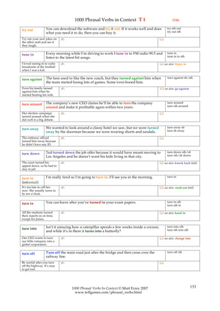 1000 Phrasal Verbs in Context T t                                (7/8)

                   You can download the software and try it out. If it works well and does       try sth out
try out                                                                                          try out sth
                   what you need it to do, then you can buy it.
Try out your new jokes on     ✍                                                             
the office staff and see if
they laugh.

                   Every morning while I’m driving to work I tune in to FM radio 99.5 and        tune in
tune in                                                                                          tune in to sth
                   listen to the latest hit songs.
I loved tuning in to radio    ✍                                                              see also: listen in
broadcasts of the football
when I was a kid.

                   The fans used to like the new coach, but they turned against him when          turn against sb/sth
turn against
                   the team started losing lots of games. Some even booed him.
Even his family turned        ✍                                                              see also: go against
against him when he
started beating his wife.

                   The company’s new CEO claims he’ll be able to turn the company                turn around
turn around                                                                                      turn sth around
                   around and make it profitable again within two years.
Her election campaign         ✍                                                             
turned around when she
did well in a big debate.

                   We wanted to look around a classy hotel we saw, but we were turned            turn away sb
turn away                                                                                        turn sb away
                   away by the doorman because we were wearing shorts and sandals.
The embassy official          ✍                                                             
turned him away because
he didn’t have any ID.

                   Ted turned down the job offer because it would have meant moving to           turn down sth/sb
turn down                                                                                        turn sth/sb down
                   Los Angeles and he doesn’t want his kids living in that city.
The court turned his          ✍                                                              see also: knock back (inf)
appeal down, so he had to
stay in jail.

                   I’m really tired so I’m going to turn in. I’ll see you in the morning.        turn in
turn in
(informal)
It’s too late to call her     ✍                                                              see also: crash out (inf)
now. She usually turns in
by ten o’clock.

                   You can leave after you’ve turned in your exam papers.                        turn in sth
turn in                                                                                          turn sth in

All the students turned       ✍                                                              see also: hand in
their reports in on time,
except for James.

                   Isn’t it amazing how a caterpillar spends a few weeks inside a cocoon,        turn into sth
turn into                                                                                        turn sth into sth
                   and while it’s in there it turns into a butterfly?
Our CEO wants to turn         ✍                                                              see also: change into
our little company into a
global corporation.

                   Turn off the main road just after the bridge and then cross over the          turn off sth
turn off
                   railway line.
Be careful after you turn     ✍                                                             
off the highway. It’s easy
to get lost.




                                    1000 Phrasal Verbs In Context © Matt Errey 2007                                  133
                                      www.teflgames.com/phrasal_verbs.html
 