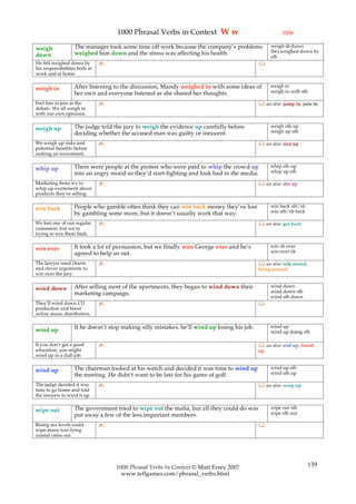 1000 Phrasal Verbs in Context W w                                   (3/4)

                   The manager took some time off work because the company’s problems              weigh sb down
weigh                                                                                              (be) weighed down by
down               weighed him down and the stress was affecting his health.
                                                                                                   sth
He felt weighed down by        ✍                                                             
his responsibilities both at
work and at home.

                   After listening to the discussion, Mandy weighed in with some ideas of         weigh in
weigh in                                                                                          weigh in with sth
                   her own and everyone listened as she shared her thoughts.
Feel free to join in the       ✍                                                              see also: jump in, join in
debate. We all weigh in
with our own opinions.

                   The judge told the jury to weigh the evidence up carefully before              weigh sth up
weigh up                                                                                          weigh up sth
                   deciding whether the accused man was guilty or innocent.
We weigh up risks and          ✍                                                              see also: size up
potential benefits before
making an investment.

                   There were people at the protest who were paid to whip the crowd up            whip sth up
whip up                                                                                           whip up sth
                   into an angry mood so they’d start fighting and look bad in the media.
Marketing firms try to         ✍                                                              see also: stir up
whip up excitement about
products they’re selling.

                   People who gamble often think they can win back money they’ve lost             win back sth/sb
win back                                                                                          win sth/sb back
                   by gambling some more, but it doesn’t usually work that way.
We lost one of our regular     ✍                                                              see also: get back
customers, but we’re
trying to win them back.

                   It took a lot of persuasion, but we finally won George over and he’s           win sb over
win over                                                                                          win over sb
                   agreed to help us out.
The lawyer used charm          ✍                                                              see also: talk round,
and clever arguments to                                                                      bring around
win over the jury.

                   After selling most of the apartments, they began to wind down their            wind down
wind down                                                                                         wind down sth
                   marketing campaign.
                                                                                                  wind sth down
They’ll wind down CD           ✍                                                             
production and boost
online music distribution.

                   If he doesn’t stop making silly mistakes, he’ll wind up losing his job.        wind up
wind up                                                                                           wind up doing sth

If you don’t get a good        ✍                                                              see also: end up, finish
education, you might                                                                         up
wind up in a dull job.

                   The chairman looked at his watch and decided it was time to wind up            wind up sth
wind up                                                                                           wind sth up
                   the meeting. He didn’t want to be late for his game of golf.
The judge decided it was       ✍                                                              see also: wrap up
time to go home and told
the lawyers to wind it up.

                   The government tried to wipe out the mafia, but all they could do was          wipe out sth
wipe out                                                                                          wipe sth out
                   put away a few of the less important members.
Rising sea levels could        ✍                                                             
wipe many low-lying
coastal cities out.




                                   1000 Phrasal Verbs In Context © Matt Errey 2007                                     139
                                     www.teflgames.com/phrasal_verbs.html
 