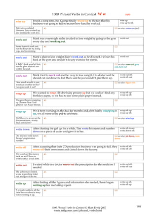 1000 Phrasal Verbs in Context W w                                  (4/4)

                   It took a long time, but George finally wised up to the fact that his         wise up
wise up                                                                                          wise up to sth
                   business was going to fail no matter how hard he worked.
After stress-related            ✍                                                            see also: cotton on (inf)
illnesses, Tanya wised up
and decided to work less.

                   Mark was overweight so he decided to lose weight by going to the gym          work out
work out
                   every day and working out.
Susan doesn’t work out,         ✍                                                           
but she keeps fit by doing
yoga and swimming.

                   Mark’s plan to lose weight didn’t work out as he’d hoped. He hurt his         work out
work out
                   back at the gym and couldn’t do any exercise for weeks.
It didn’t look good at first,   ✍                                                            see also: come off, pan
but the plan worked out                                                                     out, turn out
well in the end.

                   Mark tried to work out another way to lose weight. His doctor said he         work out sth
work out                                                                                         work sth out
                   should cut out desserts, but Mark said he just couldn’t give them up.
How much would it cost          ✍                                                            see also: figure out
to set up an office in Rio?
Can you work it out?

                   We wanted to wrap Jill’s birthday present up but we couldn’t find any         wrap sth up
wrap up                                                                                          wrap up sth
                   birthday paper, so we had to use some plain paper instead.
We spent hours wrapping         ✍                                                           
up Chinese New Year
gifts for our Asian friends.

                   We’d been working on the deal for months and after finally wrapping it        wrap sth up
wrap up                                                                                          wrap up sth
                   up, we all went to the pub to celebrate.
We’ll have to wrap up the       ✍                                                            see also: wind up
discussion now, so any
final comments?

                   After chatting the girl up for a while, Tim wrote his name and number         write sth down
write down                                                                                       write down sth
                   down on a piece of paper and gave it to her.
Did anyone write down           ✍                                                            see also: jot down, note
the car’s registration                                                                      down
number?

                   After accepting that their CD production business was going to fail, they     write off sth
write off                                                                                        write sth off
                   wrote off their investment and closed down the factory.
We won’t get the money          ✍                                                           
back, so we’ll have to
write it off as a bad debt.

                   I waited while my doctor wrote out the prescription for the medicine I        write out sth
write out                                                                                        write sth out
                   needed.
The policeman smiled,           ✍                                                           
wrote a speeding ticket
out, and gave it to me.

                   After finding all the figures and information she needed, Rosie began         write up sth
write up                                                                                         write sth up
                   writing up her marketing report.
A reporter collects all the     ✍                                                           
facts she can about a story
before writing it up.




                                    1000 Phrasal Verbs In Context © Matt Errey 2007                                  140
                                      www.teflgames.com/phrasal_verbs.html
 