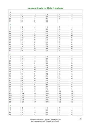 Answer Sheets for Quiz Questions
A
 1     2            3                 4                  5      6
 7     8            9                10                 11     12
13    14           15                16                 17     18
19    20           21                22

B
 1     2            3                 4                  5      6
 7     8            9                10                 11     12
13    14           15                16                 17     18
19    20           21                22                 23     24
25    26           27                28                 29     30
31    32           33                34                 35     36
37    38           39                40                 41     42
43    44           45                46                 47     48
49    50           51                52                 53     54
55    56           57                58                 59     60
61    62           63                64                 65     66
67    68           69                70                 71     72

 C
 1     2            3                 4                  5      6
 7     8            9                10                 11     12
13    14           15                16                 17     18
19    20           21                22                 23     24
25    26           27                28                 29     30
31    32           33                34                 35     36
37    38           39                40                 41     42
43    44           45                46                 47     48
49    50           51                52                 53     54
55    56           57                58                 59     60
61    62           63                64                 65     66
67    68           69                70                 71     72
73    74           75                76                 77     78
79    80           81                82                 83     84
85    86           87                88                 89     90
91    92           93                94                 95     96
97    98           99                100                101    102
103   104          105               106                107    108
109   110          111               112                113    114
115   116          117               118                119    120
121   122          123               124                125    126
127   128          129               130                131    132

D
 1     2            3                 4                  5      6
 7     8            9                10                 11     12
13    14           15                16                 17     18
19    20           21                22                 23     24


             1000 Phrasal Verbs In Context © Matt Errey 2007         145
               www.teflgames.com/phrasal_verbs.html
 
