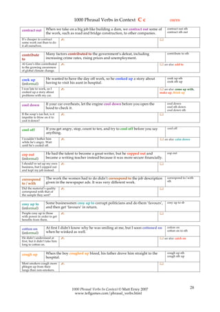 1000 Phrasal Verbs in Context C c                               (10/13)

                    When we take on a big job like building a dam, we contract out some of          contract out sth
contract out                                                                                        contract sth out
                    the work, such as road and bridge construction, to other companies.
It’s cheaper to contract        ✍                                                              
some work out than to do
it all ourselves.

                    Many factors contributed to the government’s defeat, including                  contribute to sth
contribute
to                  increasing crime rates, rising prices and unemployment.
Al Gore’s film contributed      ✍                                                               see also: add to
to the growing awareness
of global climate change.

                    He wanted to have the day off work, so he cooked up a story about               cook up sth
cook up                                                                                             cook sth up
(informal)          having to visit his aunt in hospital.
I was late to work, so I        ✍                                                               see also: come up with,
cooked up a story about                                                                        make up, think up
problems with my car.

                    If your car overheats, let the engine cool down before you open the             cool down
cool down                                                                                           cool sth down
                    hood to check it.
                                                                                                    cool down sth
If the soup’s too hot, is it    ✍                                                              
impolite to blow on it to
cool it down?

                    If you get angry, stop, count to ten, and try to cool off before you say        cool off
cool off
                    anything.
I wouldn’t bother him           ✍                                                               see also: calm down
while he’s angry. Wait
until he’s cooled off.

                    He had the talent to become a great writer, but he copped out and               cop out
cop out
(informal)          became a writing teacher instead because it was more secure financially.
I should’ve set up my own       ✍                                                              
business, but I copped out
and kept my job instead.

                    The work the women had to do didn’t correspond to the job description           correspond to/with
correspond                                                                                          sth
to / with           given in the newspaper ads. It was very different work.
Did the material’s quality      ✍                                                              
correspond with that of
the sample they sent?

                    Some businessmen cosy up to corrupt politicians and do them ‘favours’,          cosy up to sb
cosy up to
(informal)          and then get ‘favours’ in return.
People cosy up to those         ✍                                                              
with power in order to get
benefits from them.

                    At first I didn’t know why he was smiling at me, but I soon cottoned on         cotton on
cotton on                                                                                           cotton on to sth
(informal)          when he winked as well.
He didn’t understand at         ✍                                                               see also: catch on
first, but it didn’t take him
long to cotton on.


                    When the boy coughed up blood, his father drove him straight to the             cough up sth
cough up                                                                                            cough sth up
                    hospital.
Most smokers cough more         ✍                                                              
phlegm up from their
lungs than non-smokers.




                                    1000 Phrasal Verbs In Context © Matt Errey 2007                                     28
                                      www.teflgames.com/phrasal_verbs.html
 