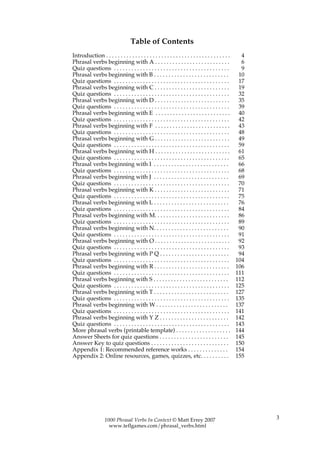 Table of Contents
Introduction . . . . . . . . . . . . . . . . . . . . . . . . . . . . . . . . . . . . . . . . . . .     4
Phrasal verbs beginning with A . . . . . . . . . . . . . . . . . . . . . . . . . .                     6
Quiz questions . . . . . . . . . . . . . . . . . . . . . . . . . . . . . . . . . . . . . . . .         9
Phrasal verbs beginning with B . . . . . . . . . . . . . . . . . . . . . . . . . .                    10
Quiz questions . . . . . . . . . . . . . . . . . . . . . . . . . . . . . . . . . . . . . . . .        17
Phrasal verbs beginning with C . . . . . . . . . . . . . . . . . . . . . . . . . .                    19
Quiz questions . . . . . . . . . . . . . . . . . . . . . . . . . . . . . . . . . . . . . . . .        32
Phrasal verbs beginning with D . . . . . . . . . . . . . . . . . . . . . . . . . .                    35
Quiz questions . . . . . . . . . . . . . . . . . . . . . . . . . . . . . . . . . . . . . . . .        39
Phrasal verbs beginning with E . . . . . . . . . . . . . . . . . . . . . . . . . .                    40
Quiz questions . . . . . . . . . . . . . . . . . . . . . . . . . . . . . . . . . . . . . . . .        42
Phrasal verbs beginning with F . . . . . . . . . . . . . . . . . . . . . . . . . .                    43
Quiz questions . . . . . . . . . . . . . . . . . . . . . . . . . . . . . . . . . . . . . . . .        48
Phrasal verbs beginning with G . . . . . . . . . . . . . . . . . . . . . . . . . .                    49
Quiz questions . . . . . . . . . . . . . . . . . . . . . . . . . . . . . . . . . . . . . . . .        59
Phrasal verbs beginning with H . . . . . . . . . . . . . . . . . . . . . . . . . .                    61
Quiz questions . . . . . . . . . . . . . . . . . . . . . . . . . . . . . . . . . . . . . . . .        65
Phrasal verbs beginning with I . . . . . . . . . . . . . . . . . . . . . . . . . .                    66
Quiz questions . . . . . . . . . . . . . . . . . . . . . . . . . . . . . . . . . . . . . . . .        68
Phrasal verbs beginning with J . . . . . . . . . . . . . . . . . . . . . . . . . .                    69
Quiz questions . . . . . . . . . . . . . . . . . . . . . . . . . . . . . . . . . . . . . . . .        70
Phrasal verbs beginning with K . . . . . . . . . . . . . . . . . . . . . . . . . .                    71
Quiz questions . . . . . . . . . . . . . . . . . . . . . . . . . . . . . . . . . . . . . . . .        75
Phrasal verbs beginning with L . . . . . . . . . . . . . . . . . . . . . . . . . .                    76
Quiz questions . . . . . . . . . . . . . . . . . . . . . . . . . . . . . . . . . . . . . . . .        84
Phrasal verbs beginning with M. . . . . . . . . . . . . . . . . . . . . . . . . .                     86
Quiz questions . . . . . . . . . . . . . . . . . . . . . . . . . . . . . . . . . . . . . . . .        89
Phrasal verbs beginning with N. . . . . . . . . . . . . . . . . . . . . . . . . .                     90
Quiz questions . . . . . . . . . . . . . . . . . . . . . . . . . . . . . . . . . . . . . . . .        91
Phrasal verbs beginning with O . . . . . . . . . . . . . . . . . . . . . . . . . .                    92
Quiz questions . . . . . . . . . . . . . . . . . . . . . . . . . . . . . . . . . . . . . . . .        93
Phrasal verbs beginning with P Q . . . . . . . . . . . . . . . . . . . . . . . .                      94
Quiz questions . . . . . . . . . . . . . . . . . . . . . . . . . . . . . . . . . . . . . . . .       104
Phrasal verbs beginning with R . . . . . . . . . . . . . . . . . . . . . . . . . .                   106
Quiz questions . . . . . . . . . . . . . . . . . . . . . . . . . . . . . . . . . . . . . . . .       111
Phrasal verbs beginning with S . . . . . . . . . . . . . . . . . . . . . . . . . .                   112
Quiz questions . . . . . . . . . . . . . . . . . . . . . . . . . . . . . . . . . . . . . . . .       125
Phrasal verbs beginning with T . . . . . . . . . . . . . . . . . . . . . . . . . .                   127
Quiz questions . . . . . . . . . . . . . . . . . . . . . . . . . . . . . . . . . . . . . . . .       135
Phrasal verbs beginning with W . . . . . . . . . . . . . . . . . . . . . . . . .                     137
Quiz questions . . . . . . . . . . . . . . . . . . . . . . . . . . . . . . . . . . . . . . . .       141
Phrasal verbs beginning with Y Z . . . . . . . . . . . . . . . . . . . . . . . .                     142
Quiz questions . . . . . . . . . . . . . . . . . . . . . . . . . . . . . . . . . . . . . . . .       143
More phrasal verbs (printable template) . . . . . . . . . . . . . . . . . . .                        144
Answer Sheets for quiz questions . . . . . . . . . . . . . . . . . . . . . . . .                     145
Answer Key to quiz questions . . . . . . . . . . . . . . . . . . . . . . . . . . .                   150
Appendix 1: Recommended reference works . . . . . . . . . . . . . .                                  154
Appendix 2: Online resources, games, quizzes, etc. . . . . . . . . .                                 155




                   1000 Phrasal Verbs In Context © Matt Errey 2007                                         3
                     www.teflgames.com/phrasal_verbs.html
 